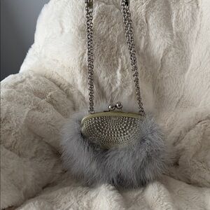 Coach Silver Studded Clutch with Gray Fur Trim